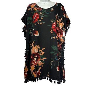 Yincro Black Floral Chiffon Tassel Swimsuit Cover Up Beach Swimwear Coverup Sz S